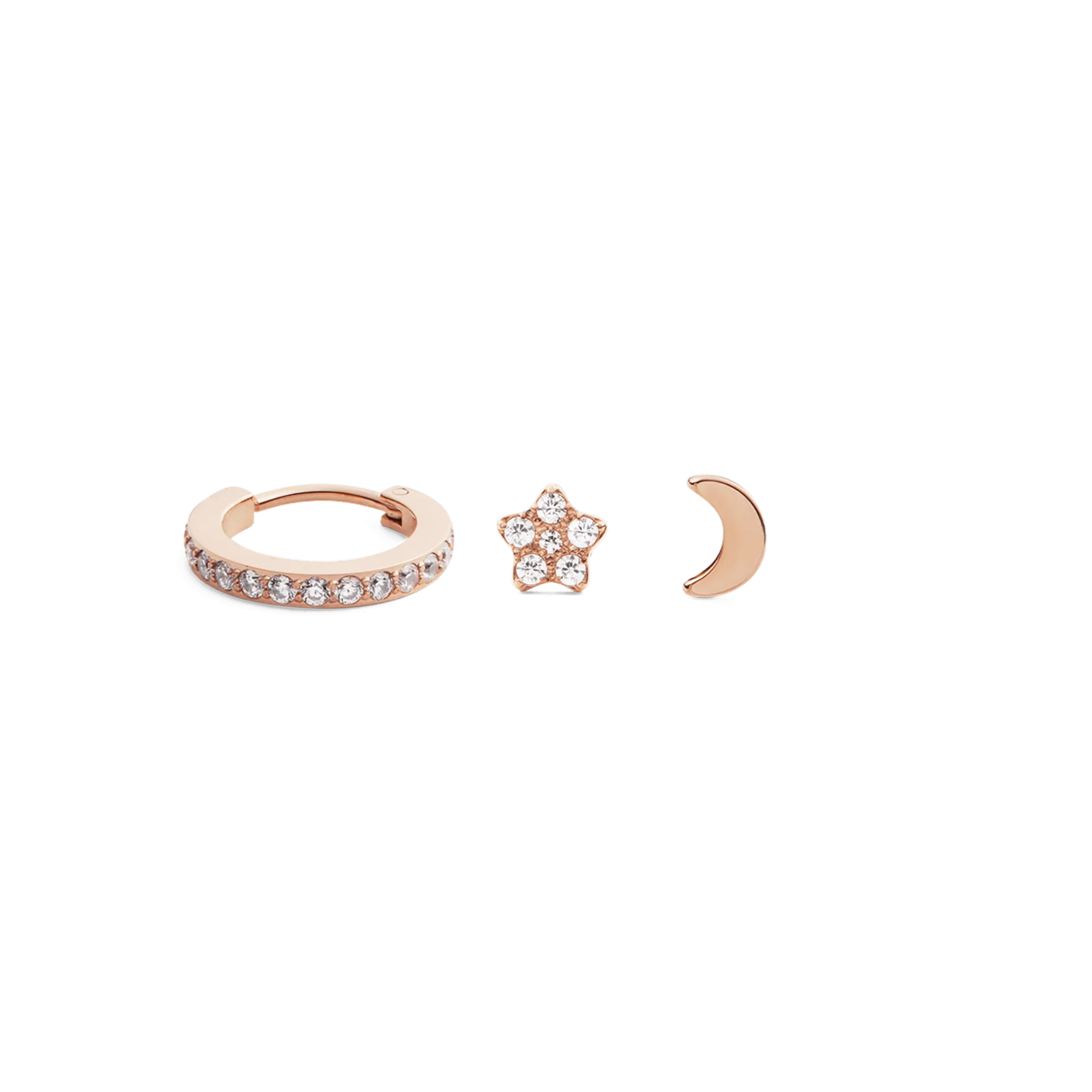 Crystal Hoop   Crystal Star   Moon Stud Rose Gold Set