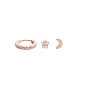 Crystal Hoop   Crystal Star   Moon Stud Rose Gold Set