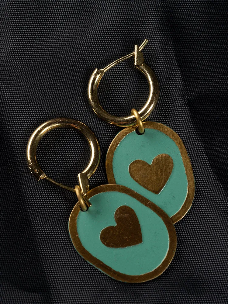 Enamel Heart Huggie Earrings - Sage