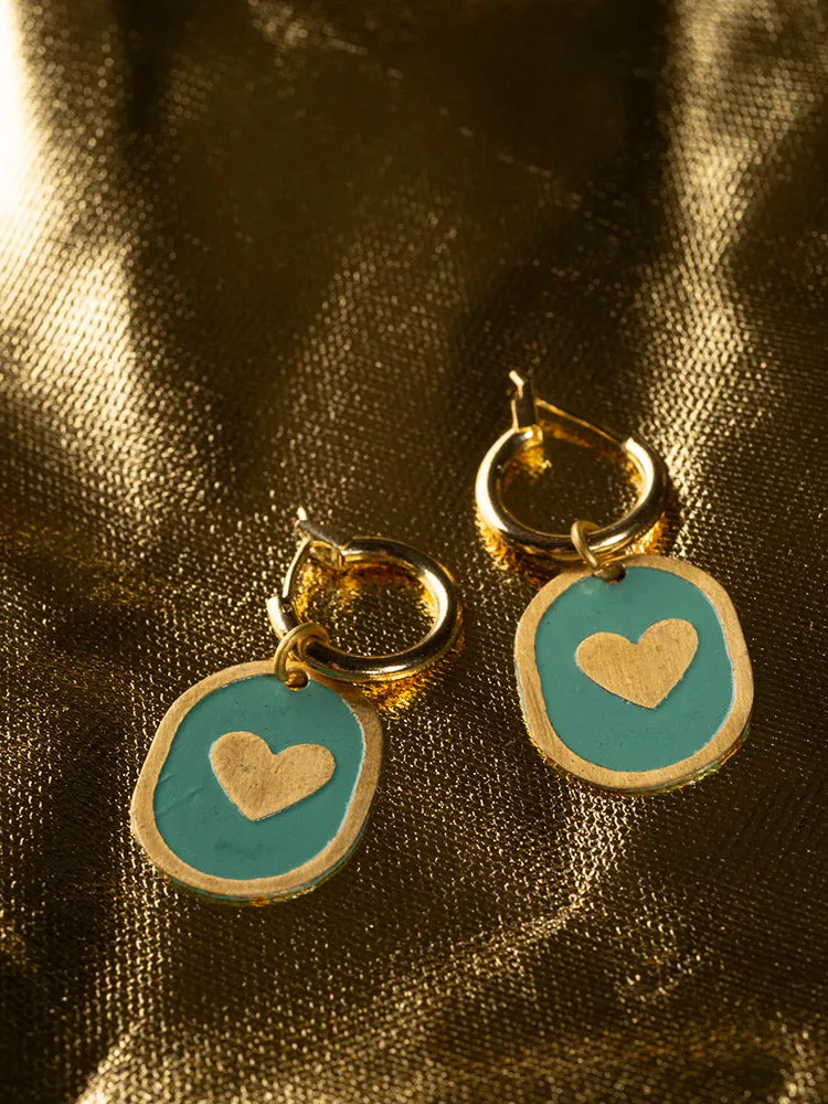 Enamel Heart Huggie Earrings - Sage