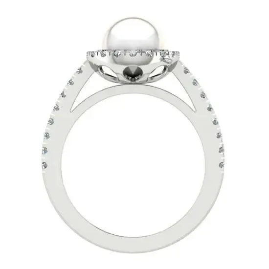Freshwater Pearl and Halo Diamond White Gold Ring