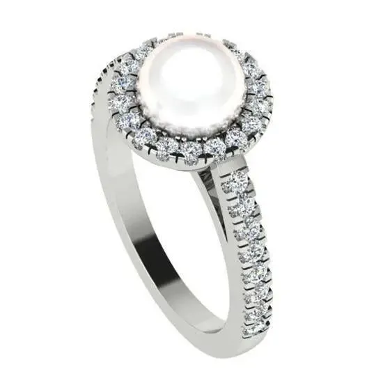 Freshwater Pearl and Halo Diamond White Gold Ring