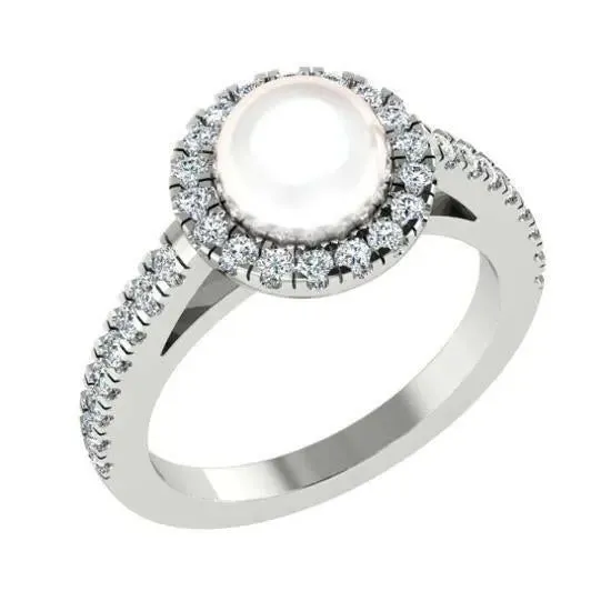 Freshwater Pearl and Halo Diamond White Gold Ring