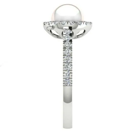 Freshwater Pearl and Halo Diamond White Gold Ring
