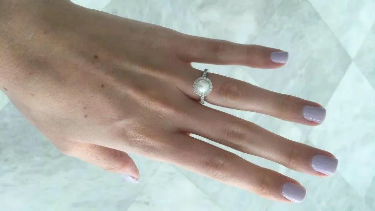 Freshwater Pearl and Halo Diamond White Gold Ring