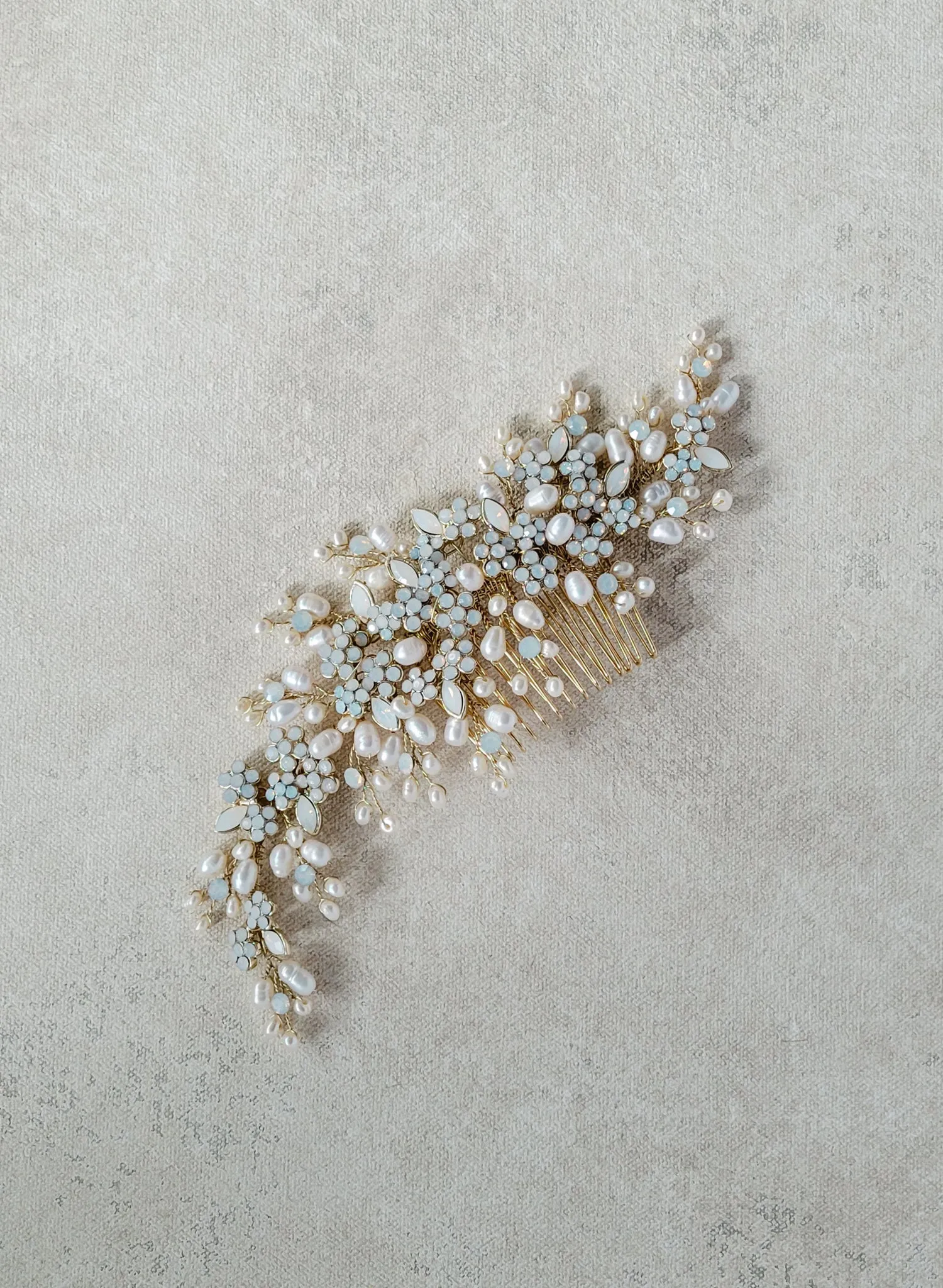 Freshwater pearl and opal crystal spray comb, large - Style #2516