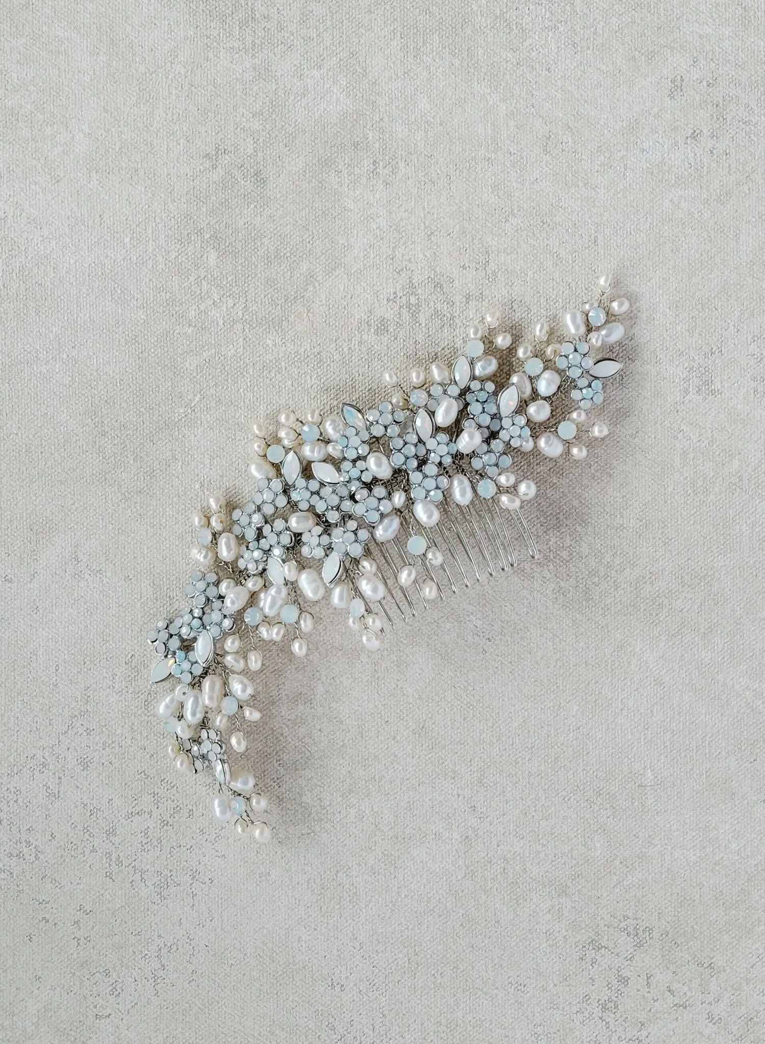 Freshwater pearl and opal crystal spray comb, large - Style #2516