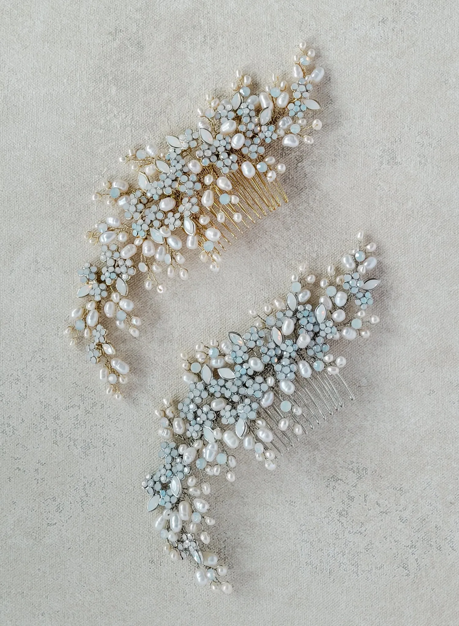 Freshwater pearl and opal crystal spray comb, large - Style #2516