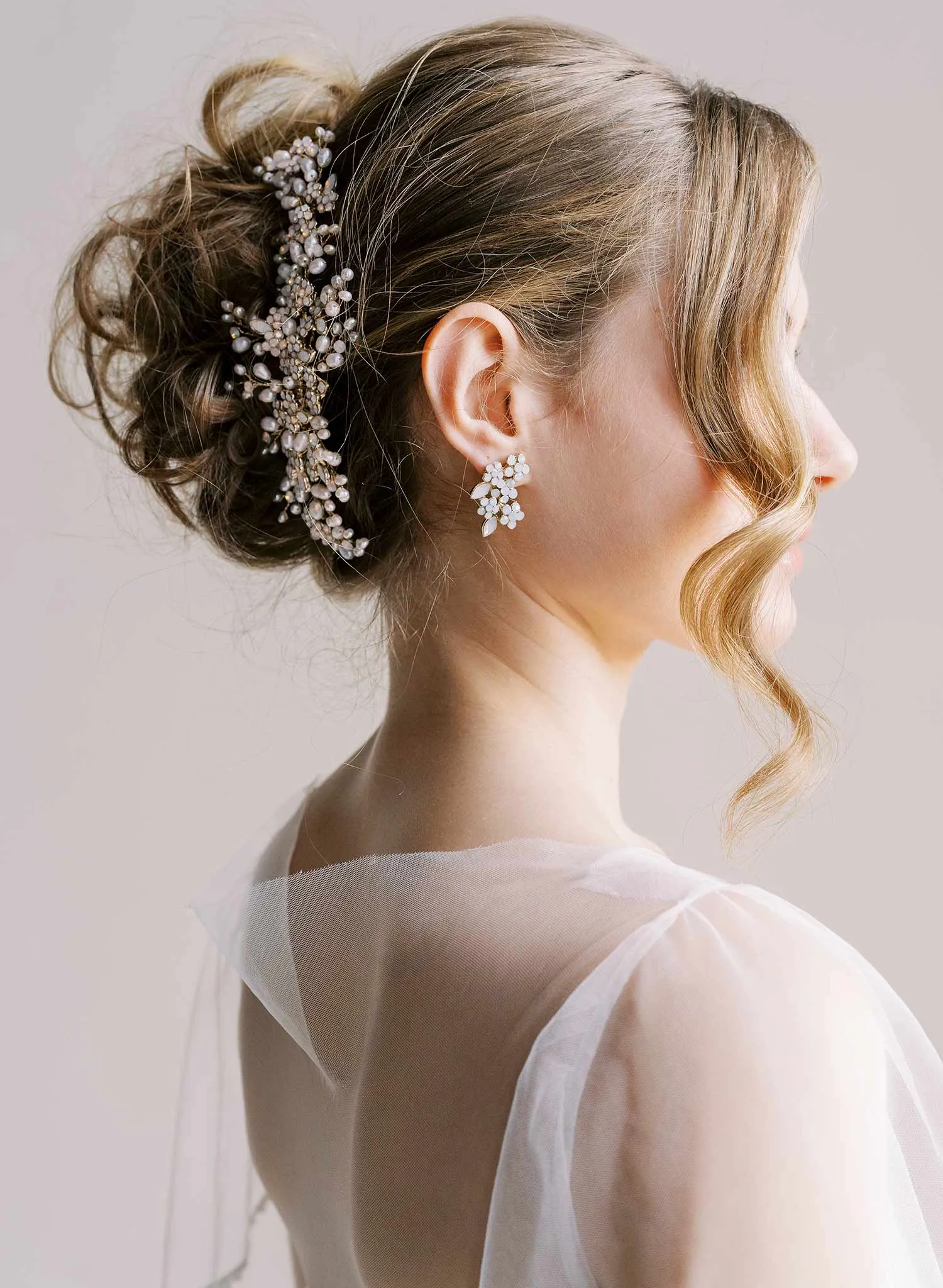 Freshwater pearl and opal crystal spray comb, large - Style #2516