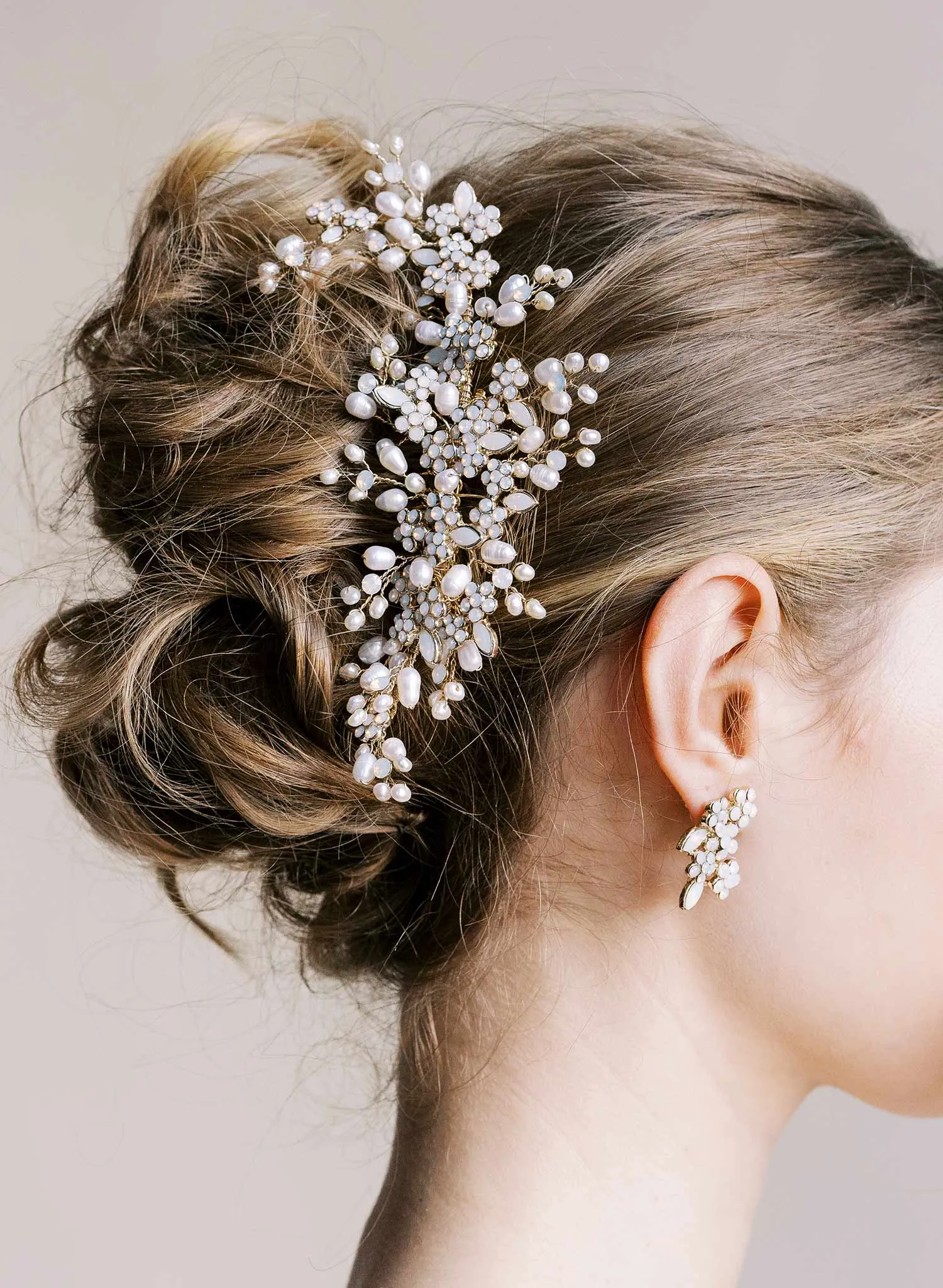 Freshwater pearl and opal crystal spray comb, large - Style #2516