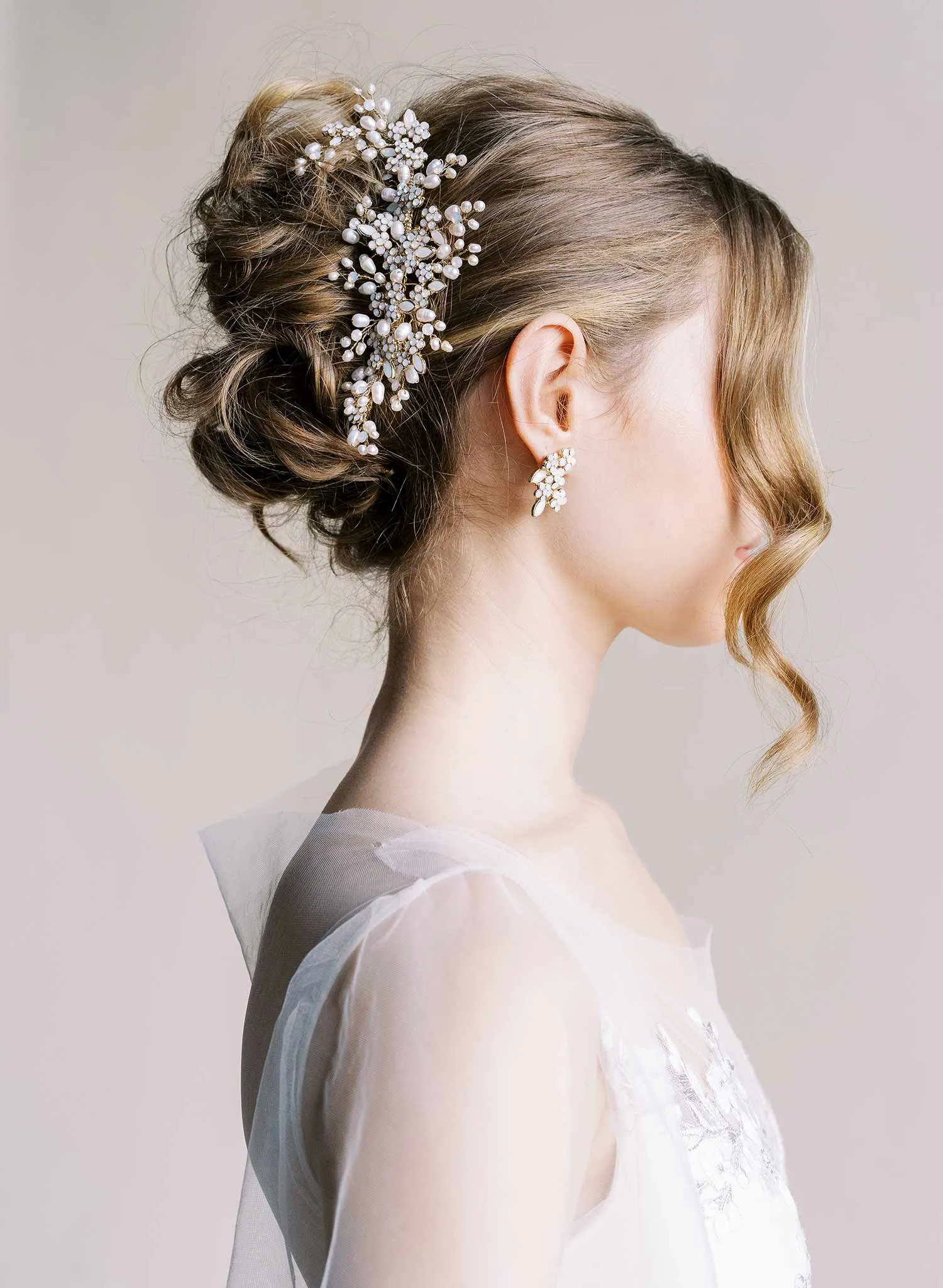 Freshwater pearl and opal crystal spray comb, large - Style #2516