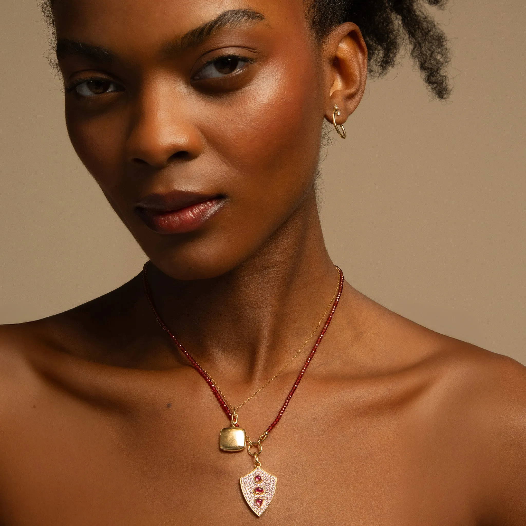 Garnet Fearless Shield Necklace with Pink Sapphires and Rhodolite