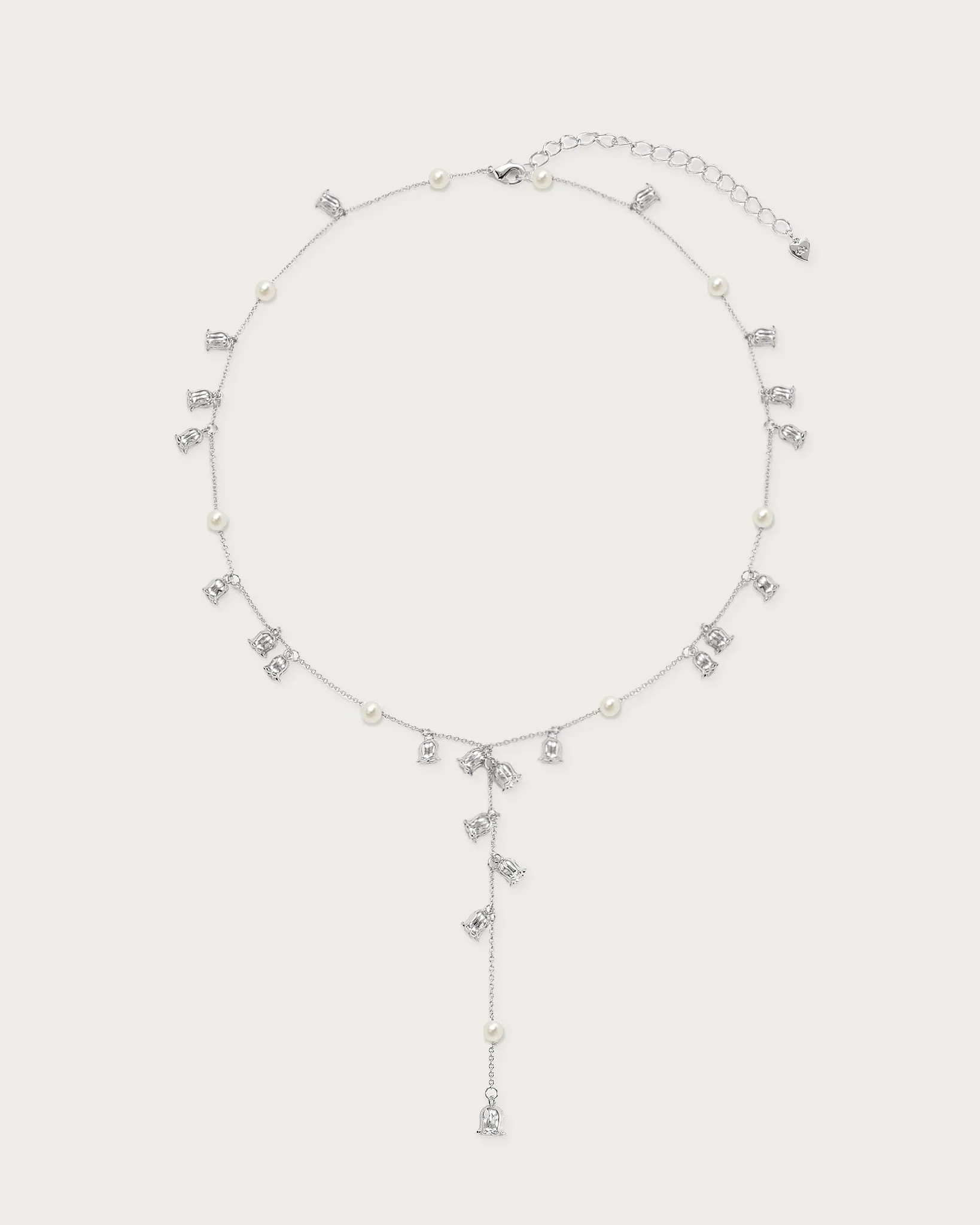 Lily of the Valley Pearl Lariat Necklace in Silver