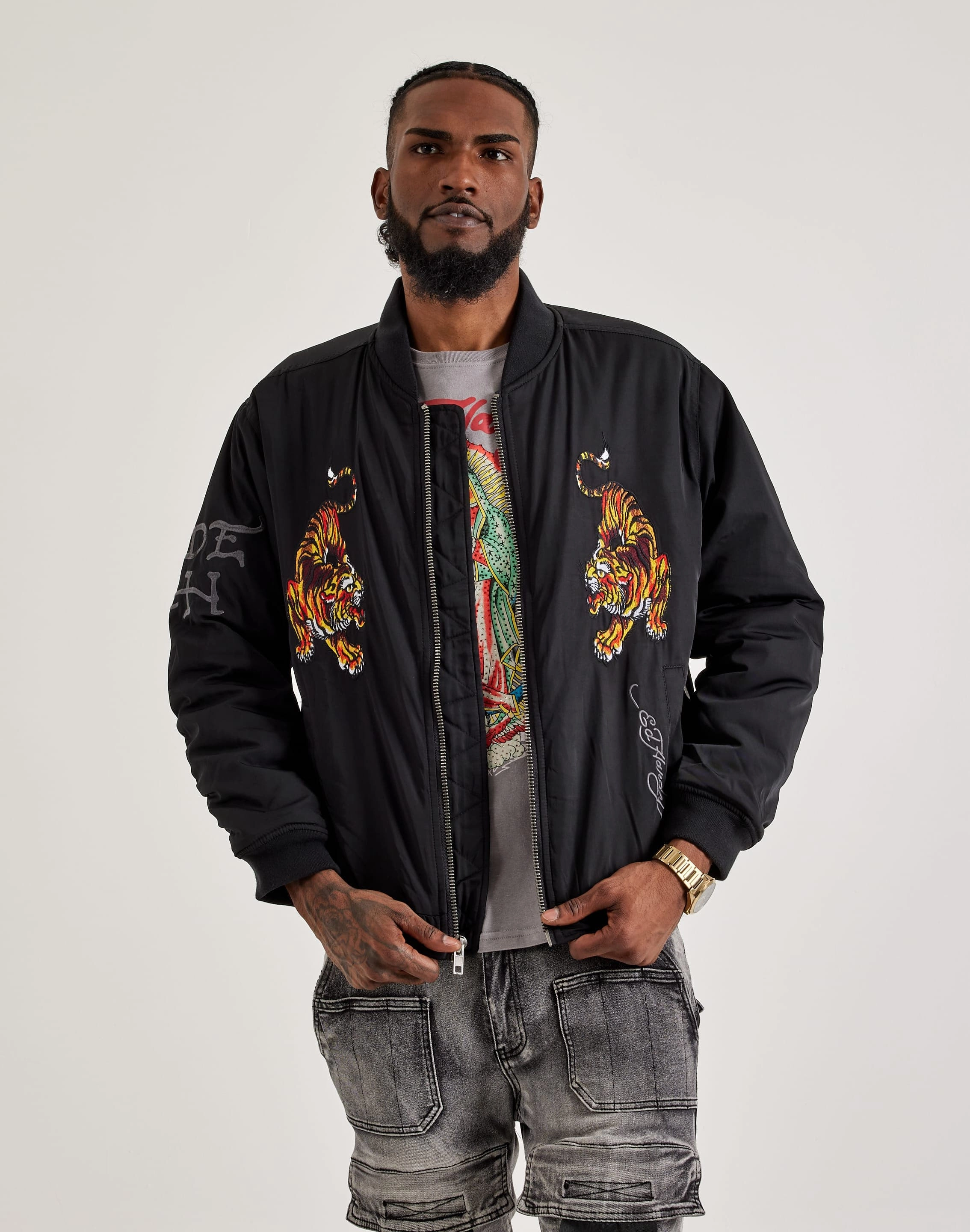 Luxury fashion items Ed Hardy Tiger Bomber Jacket Spandex - incorporated fashion