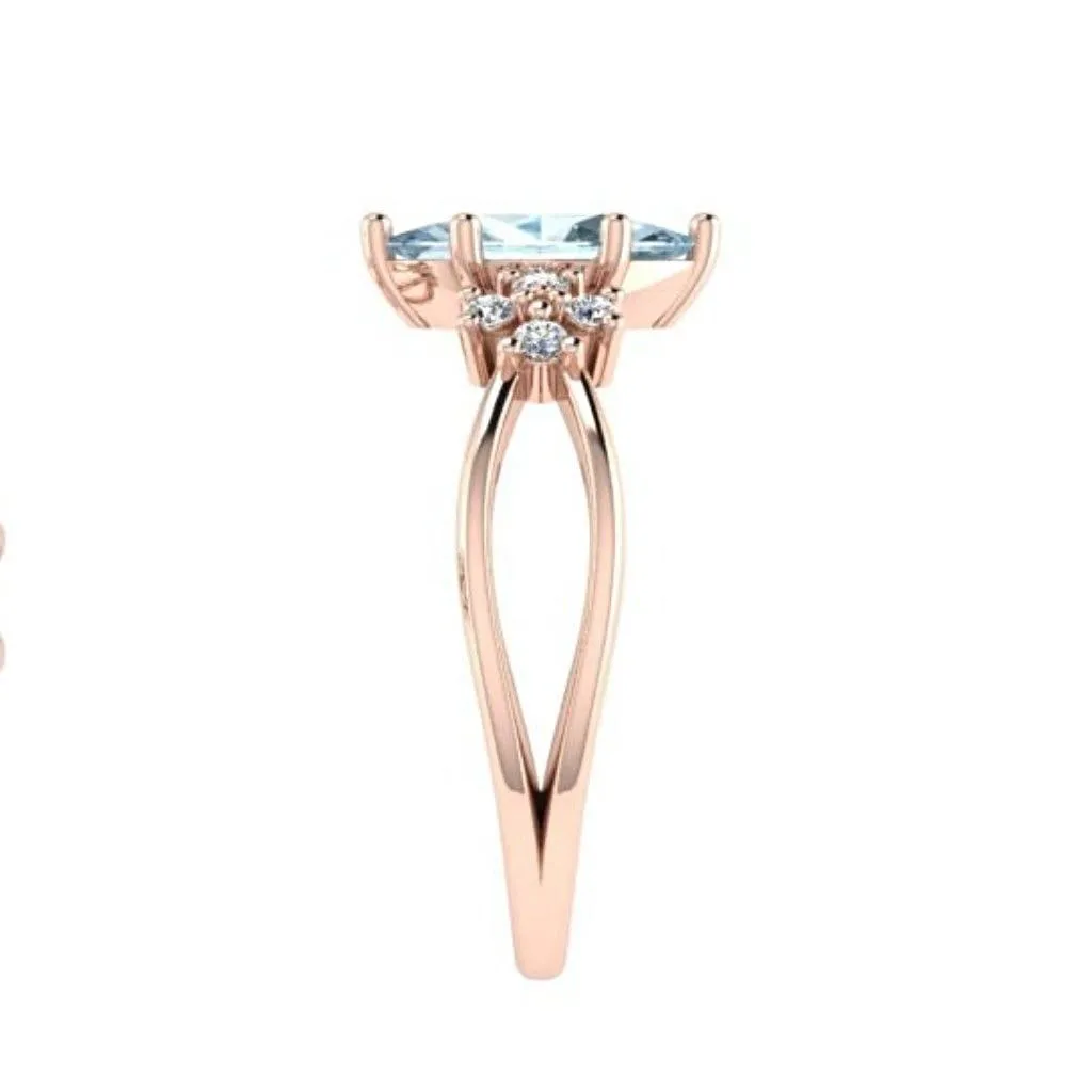 Marquise Blue Topaz Diamond Split Shank Ring 18K Pink Gold