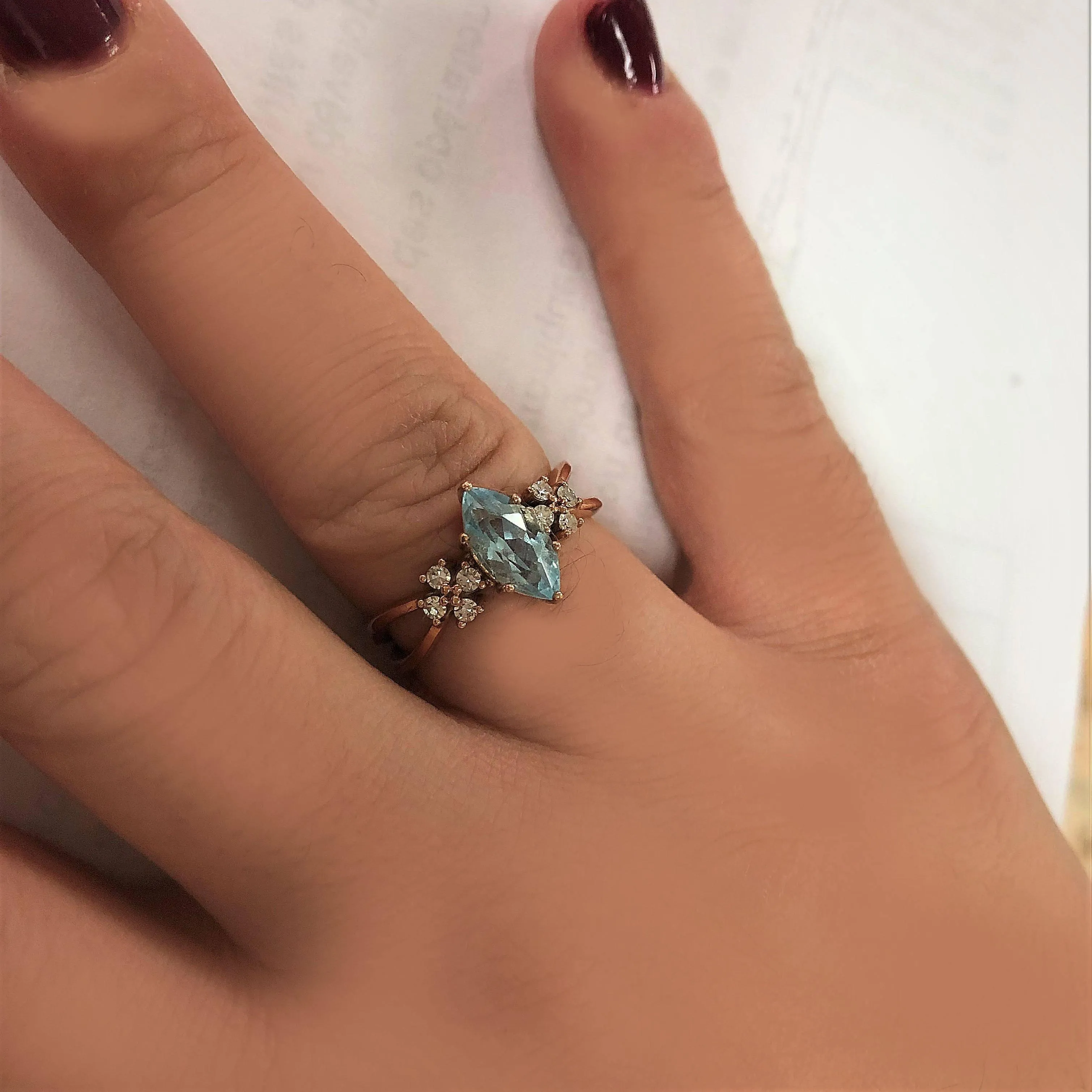 Marquise Blue Topaz Diamond Split Shank Ring 18K Pink Gold