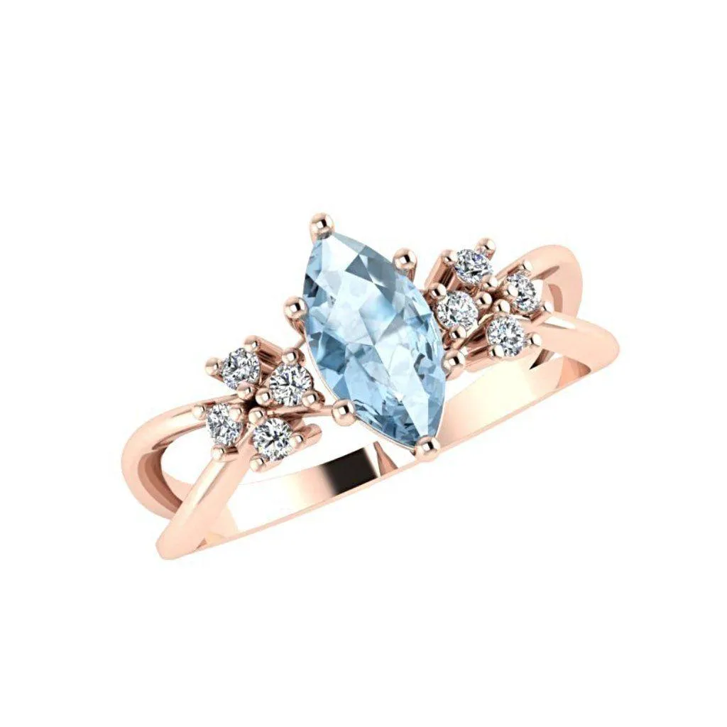 Marquise Blue Topaz Diamond Split Shank Ring 18K Pink Gold