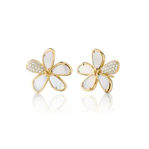 Mother of Pearl Flower Stud Earrings with Pav?? White Diamonds