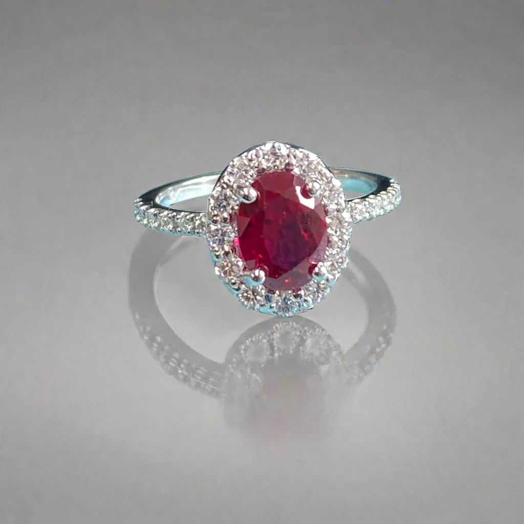 Oval Ruby Diamond Halo Engagement Ring