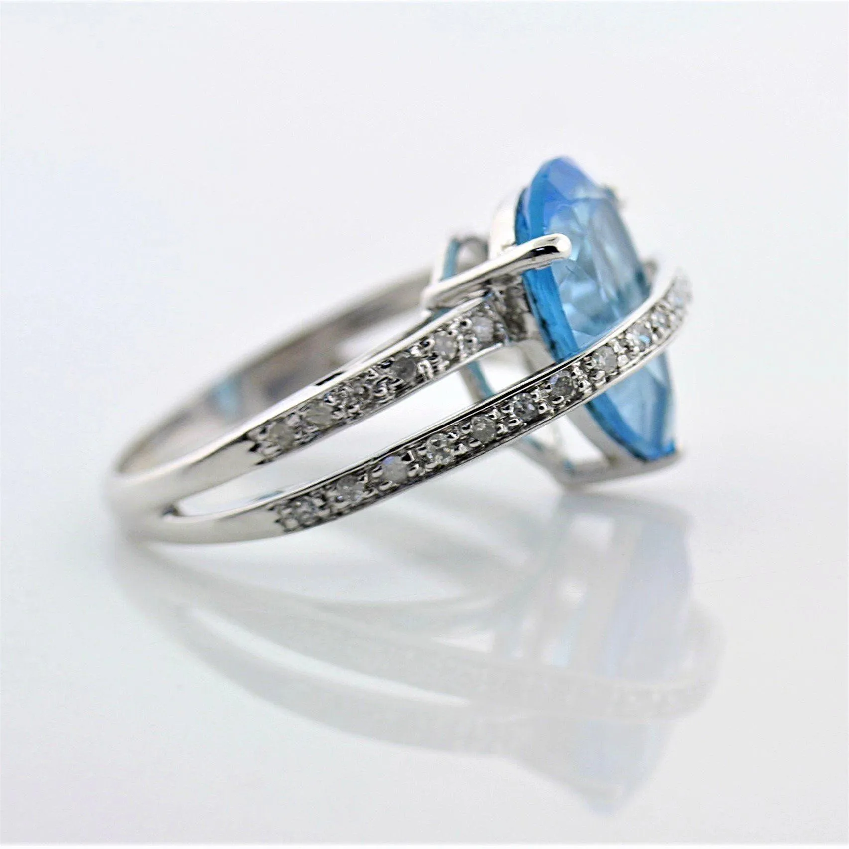 Pear Shaped Blue Topaz Diamond Ring 14K White Gold