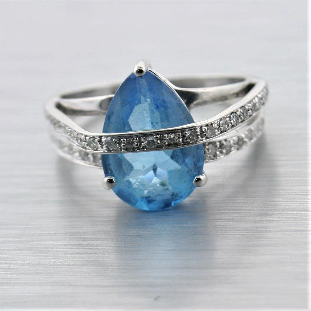 Pear Shaped Blue Topaz Diamond Ring 14K White Gold