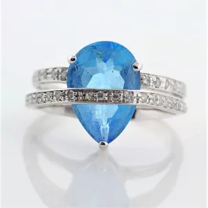 Pear Shaped Blue Topaz Diamond Ring 14K White Gold