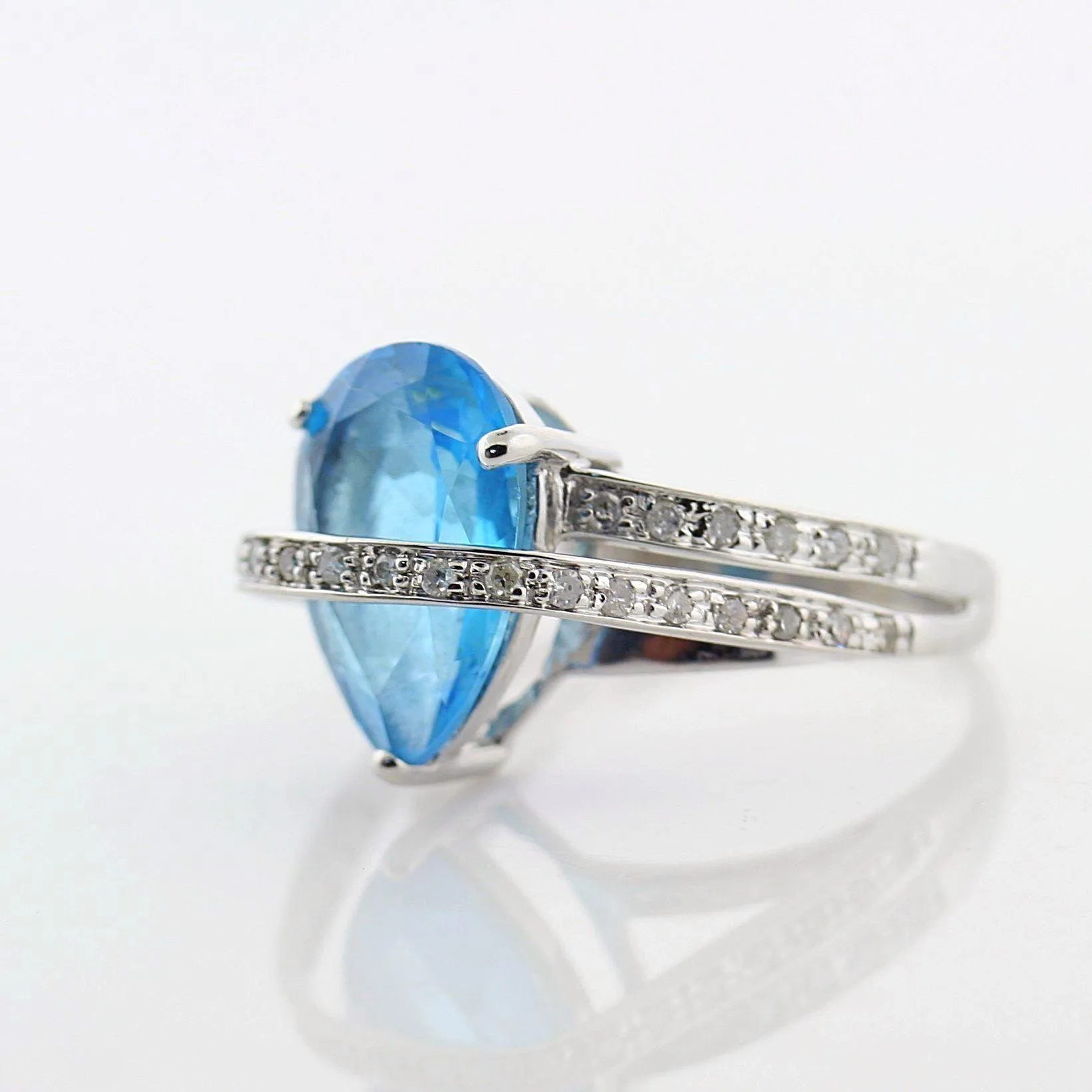Pear Shaped Blue Topaz Diamond Ring 14K White Gold