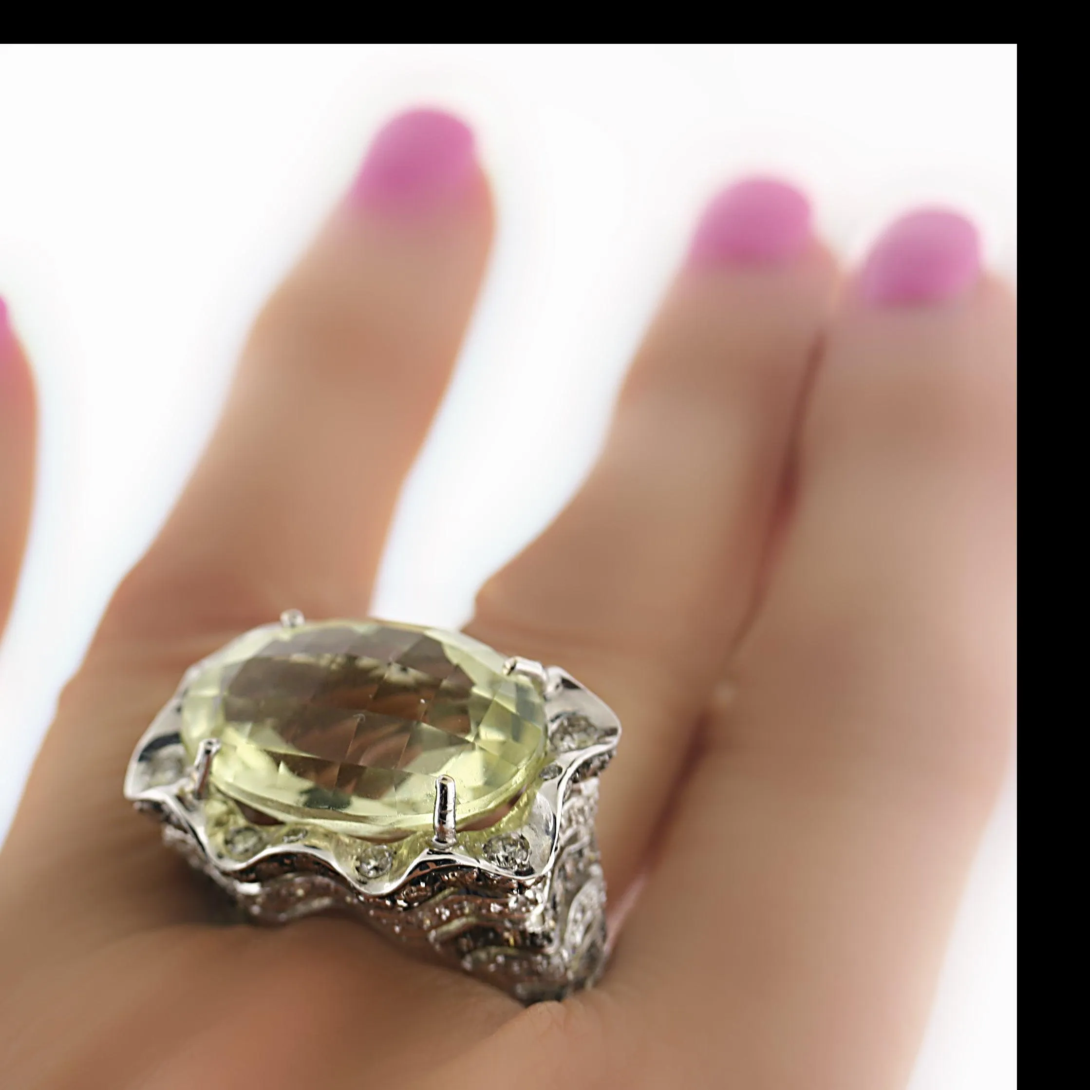 Prasiolite and Diamonds ring White Gold