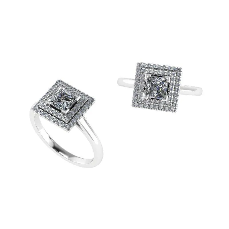 Princess cut double halo diamond engagement ring