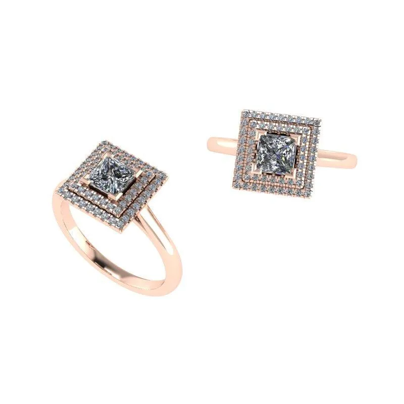 Princess cut double halo diamond engagement ring