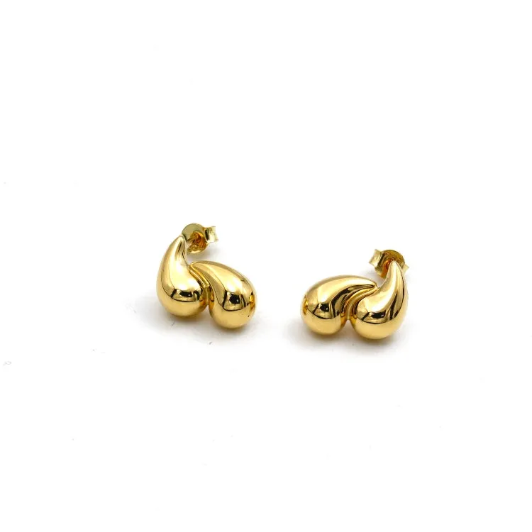 Real Gold Plain Double Teardrop Stud Earrings Set - Model 6898-28 E1933
