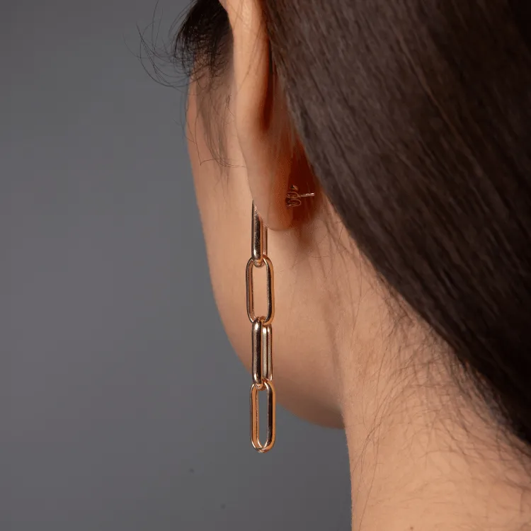 Real Gold Thick Paper Clip Link Hanging Curved Stud Earring Set 1707 E1834