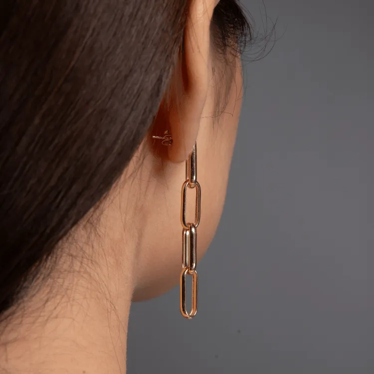 Real Gold Thick Paper Clip Link Hanging Curved Stud Earring Set 1707 E1834