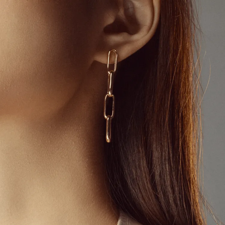 Real Gold Thick Paper Clip Link Hanging Curved Stud Earring Set 1707 E1834