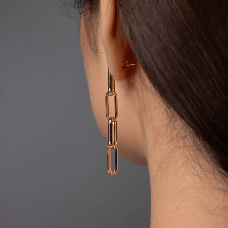 Real Gold Thick Paper Clip Link Hanging Curved Stud Earring Set 1707 E1834
