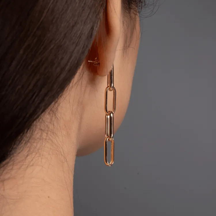 Real Gold Thick Paper Clip Link Hanging Curved Stud Earring Set 1707 E1834