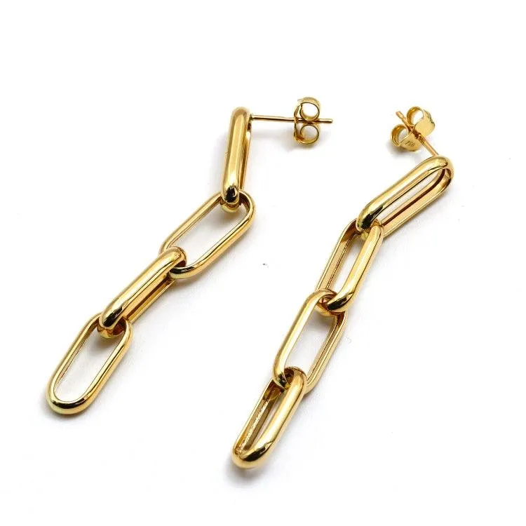Real Gold Thick Paper Clip Link Hanging Curved Stud Earring Set 1707 E1834