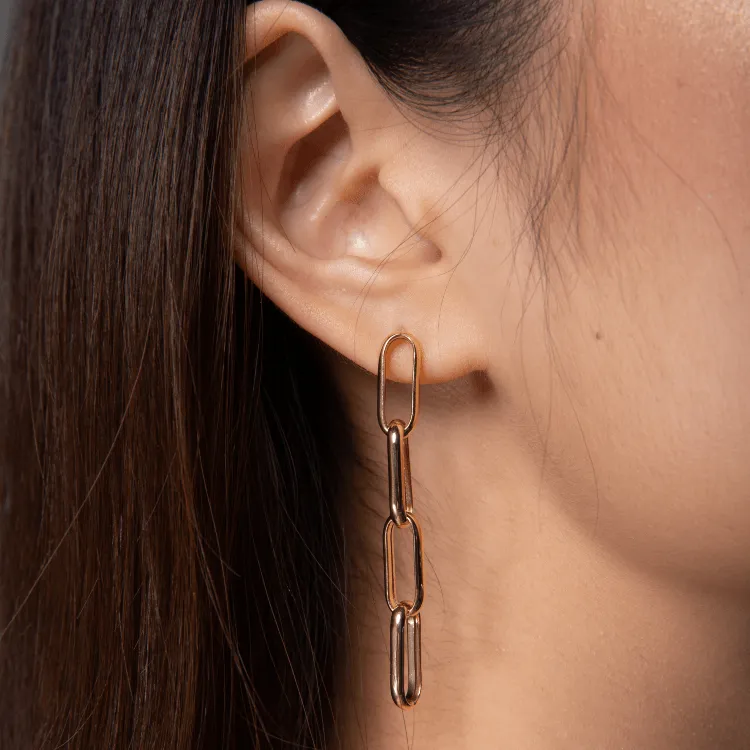 Real Gold Thick Paper Clip Link Hanging Curved Stud Earring Set 1707 E1834