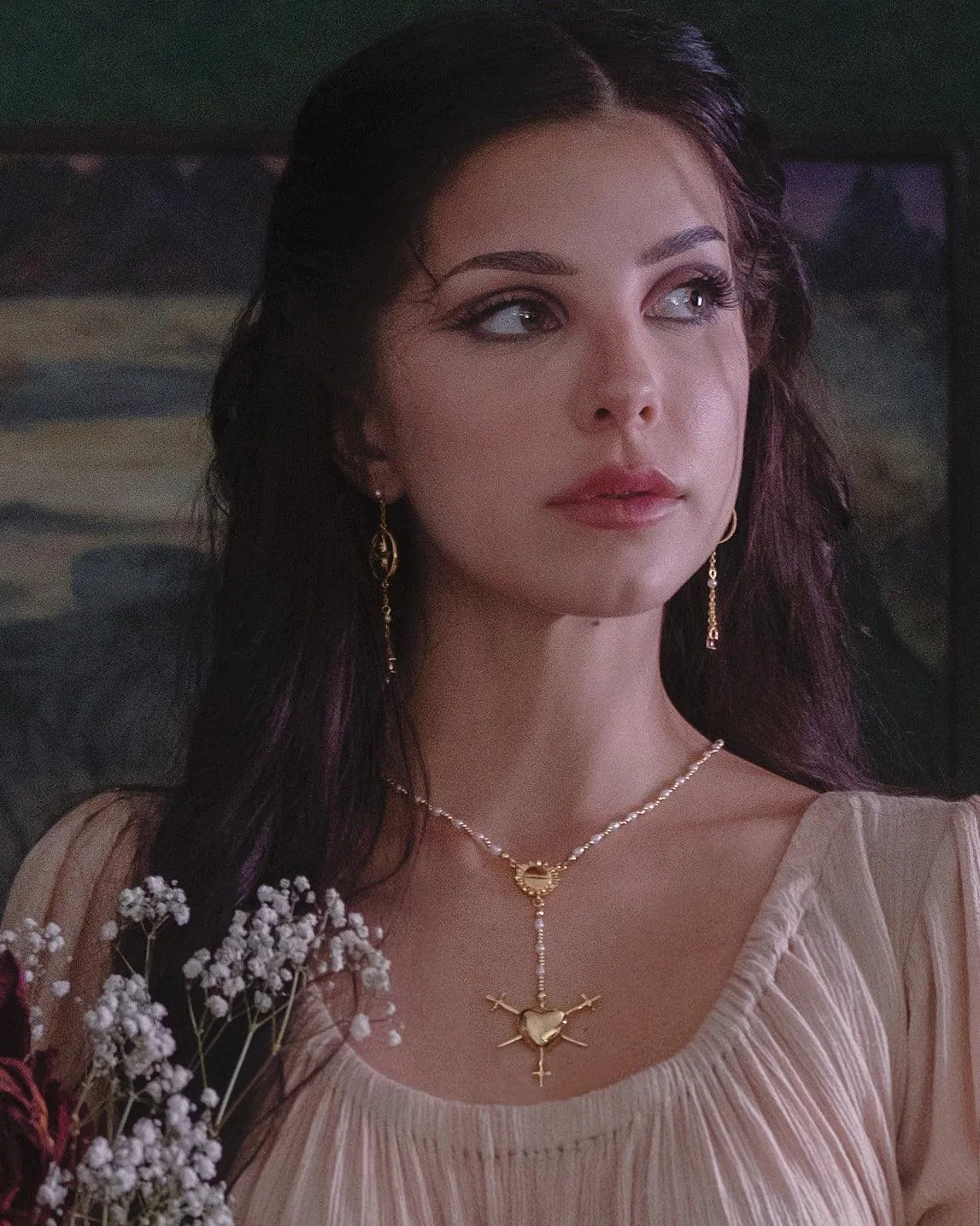 Three of Swords Rosary Necklace in Gold