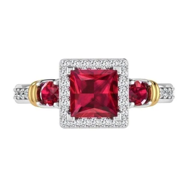 Three Stone Ruby and Diamond Halo Ring 14K Gold