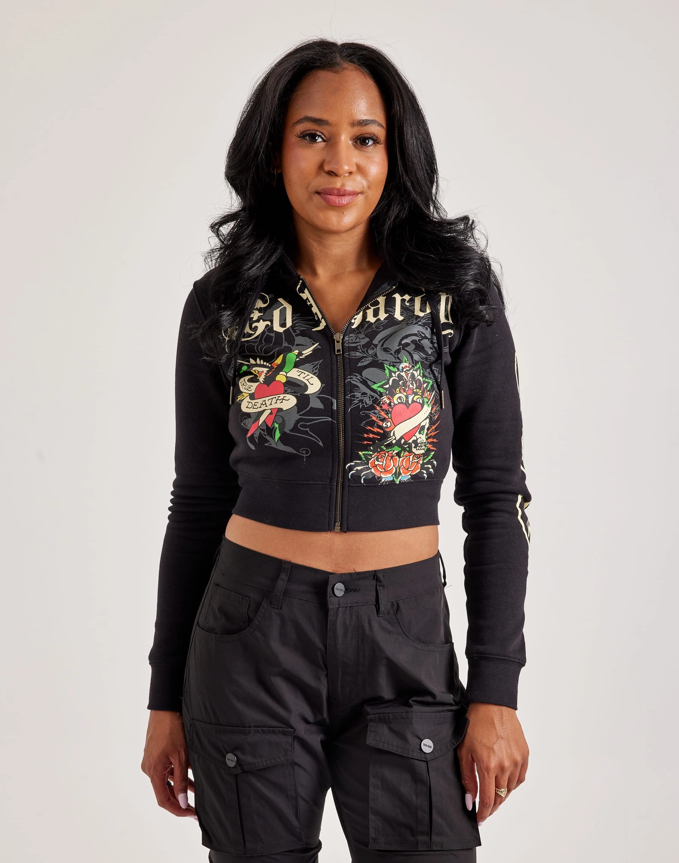 Upcycled fashion Ed Hardy Rose Skull Full-Zip Fleece Hoodie Polyester - used fashion